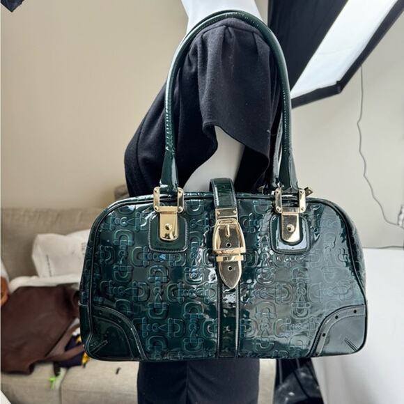 Gucci Vintage Green Blue Black patent leather top handle bag w/gold hardware - Picture 1 of 11